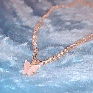 White Butterfly Charm Necklace w Rhinestones
